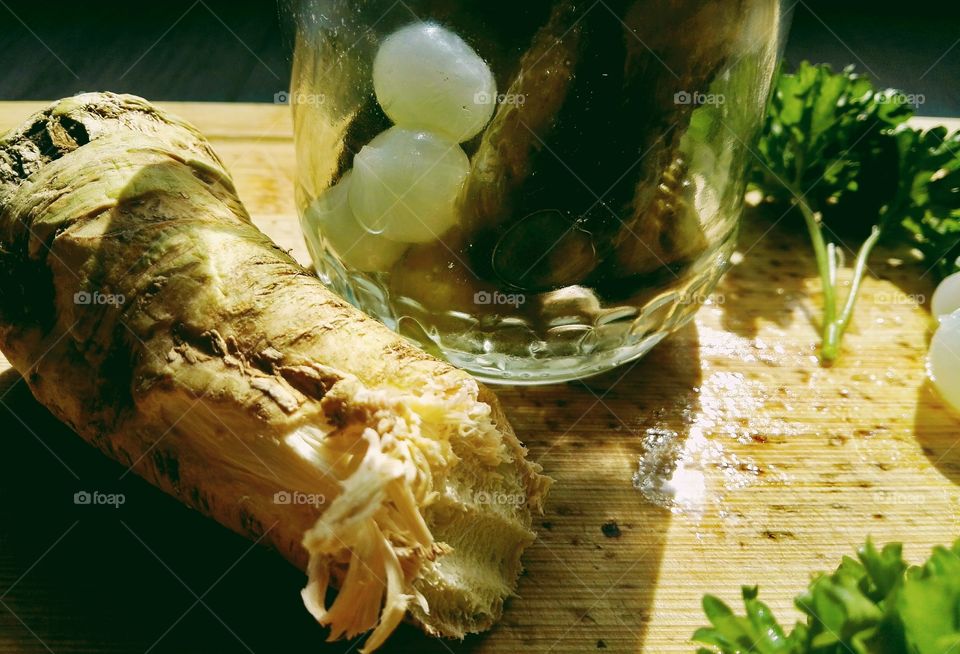 homemade pickles with onion and horseradish