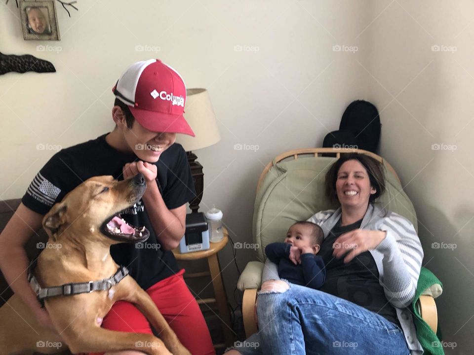 Our dog loves laughing with us.