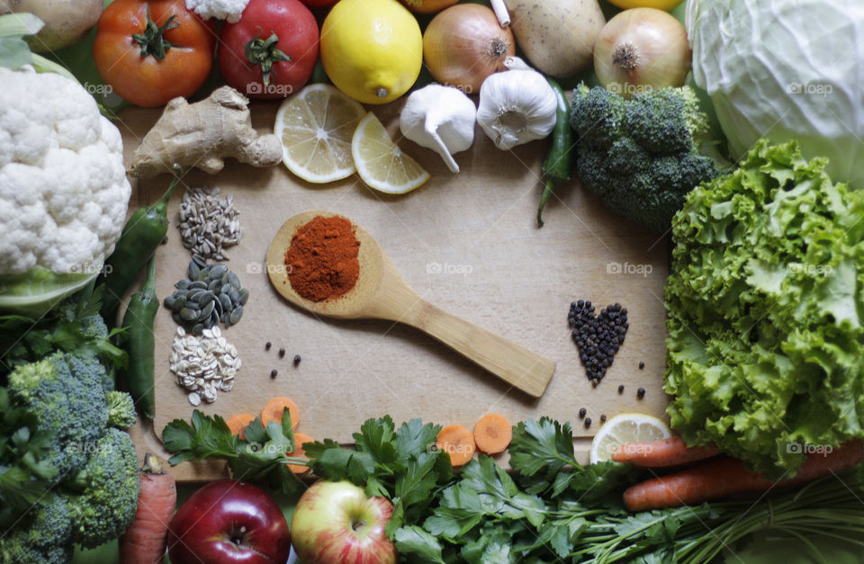 Vegetables, fruits and seeds on the table