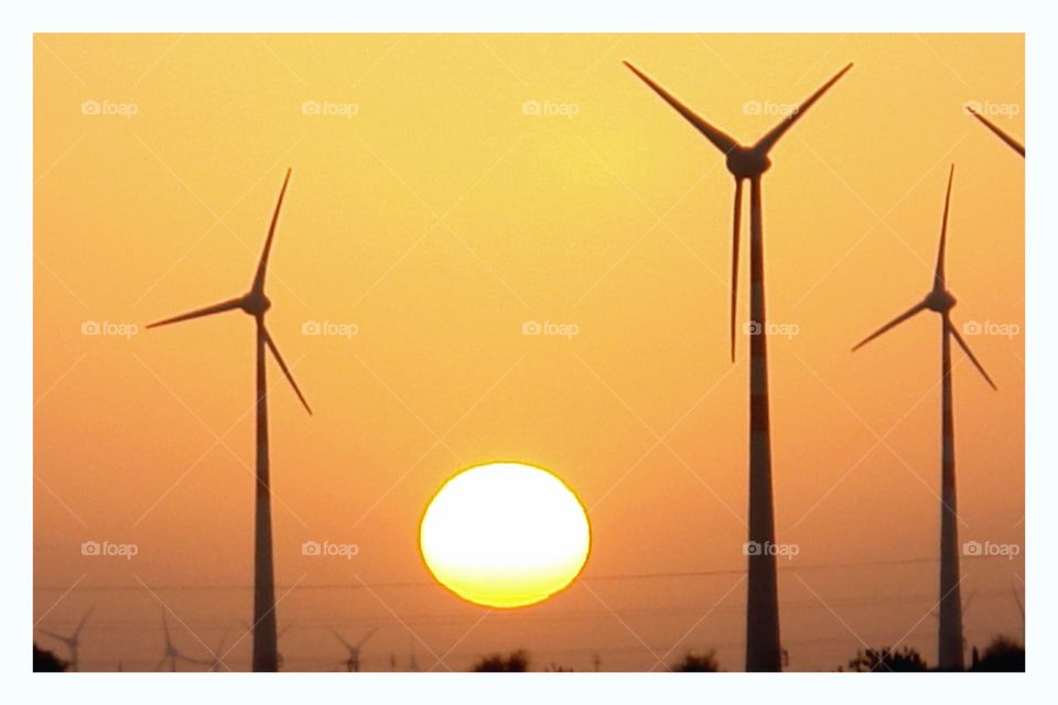 At the end of the day . Wind farm in the Thar Desert, India 