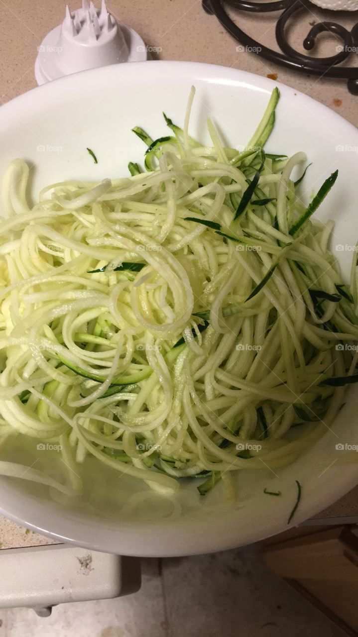 Healthy dinner, zucchini veggie noodles