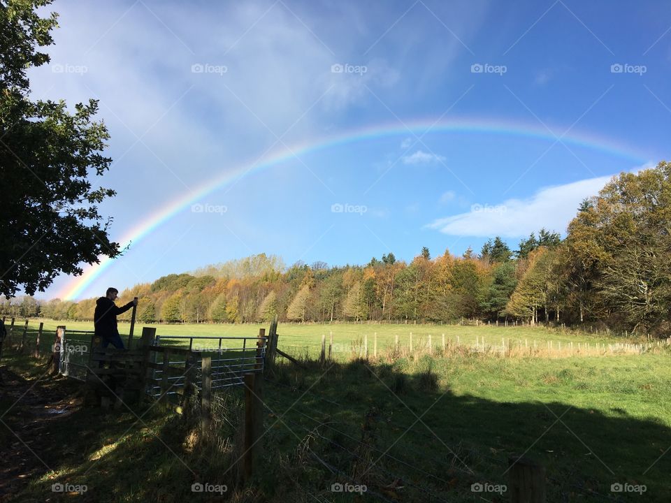 Huge rainbow on my walk today ... beautiful blue sky and no rain in sight ... very strange  🌈