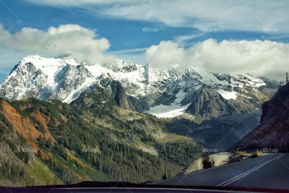 Mountain pass view out of the car window