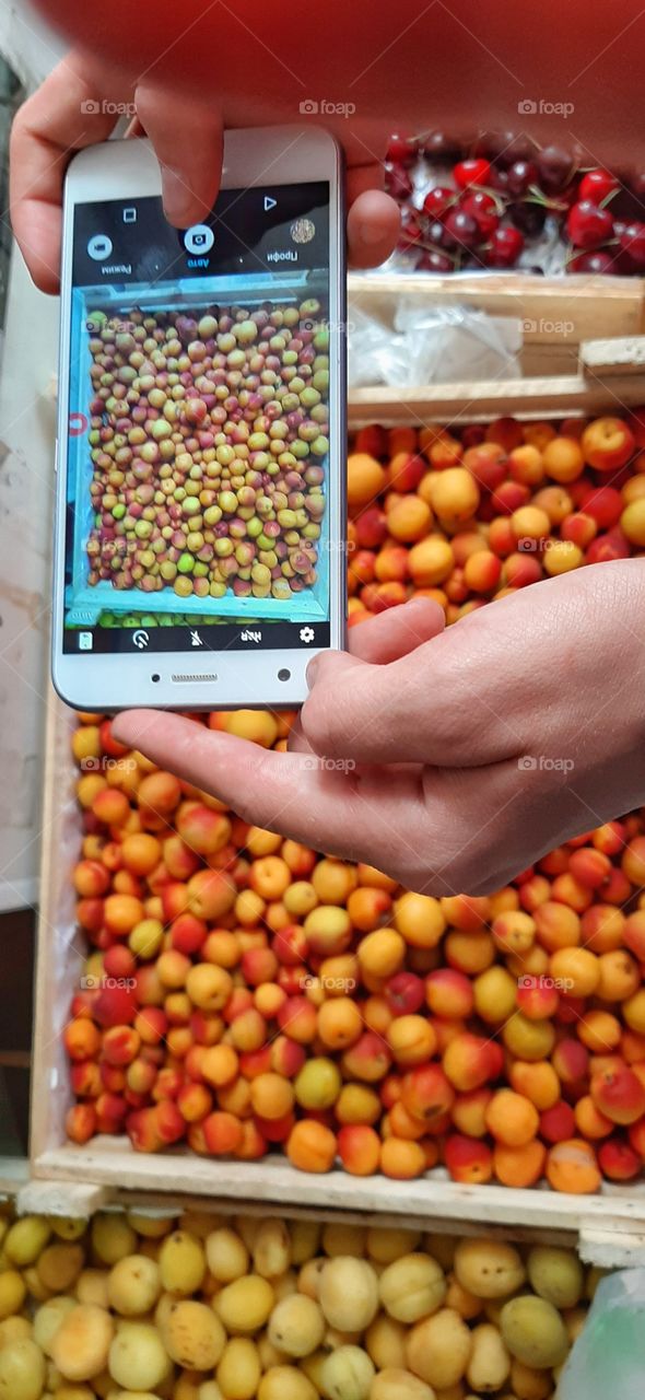 телефон на фоне абрикосов в ящике