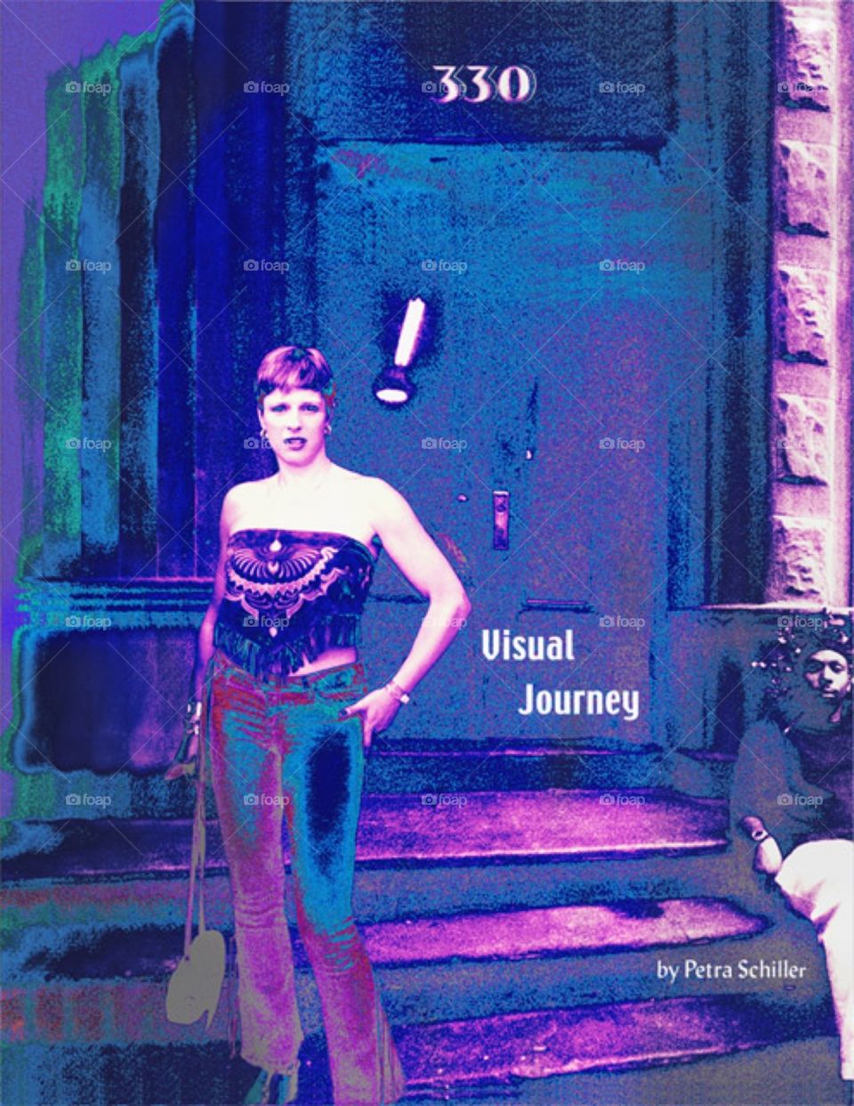 Front cover of a book created at “ Parsons” in 2004 entitled “Visual Journey”. It documents the creation of a banner collaged together from photos of traveling from home to school. I pose in front of the building where I lived. Hypnotic Productions
