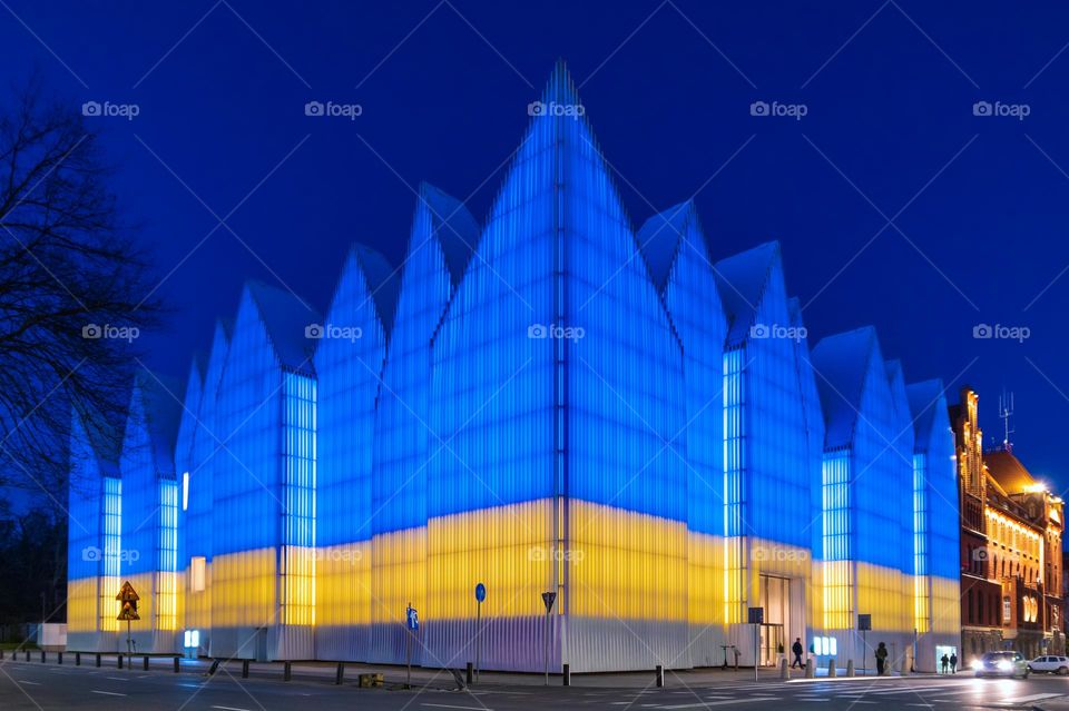 Philharmonic Concert Hall in the city of Szczecin, Poland. Illuminated in support of Ukraine.