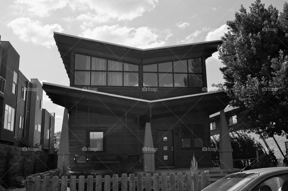 House with angled roof. Photo taken in Tulsa, OK.  Black and white.