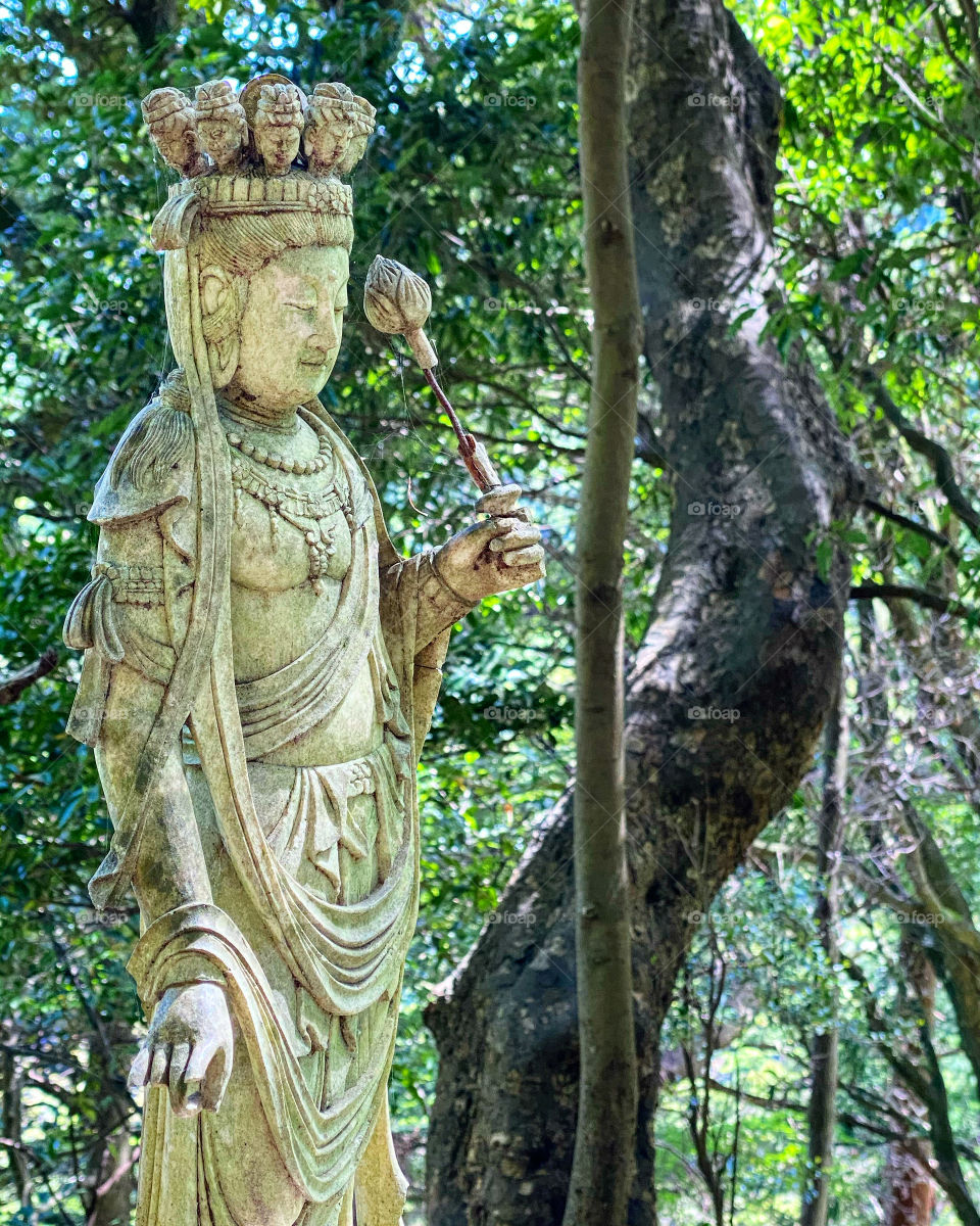 Serene expression on Kannon statue’s face, found along a woodland hike on Mt Oyama, Japan.