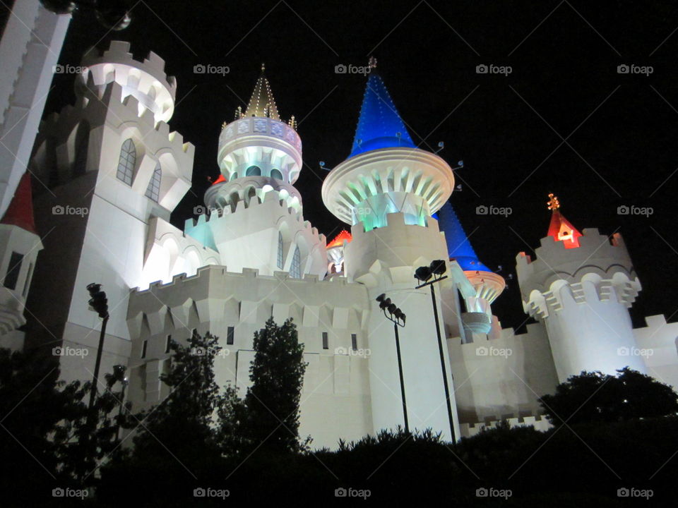 Excalibur Hotel and Casino, Las Vegas, Nevada.  Night View of Castle Architecture, Skyline