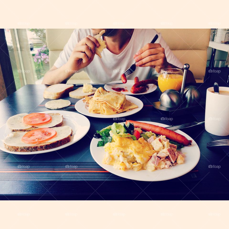 Breakfast time. Delicious breakfast at hotel 