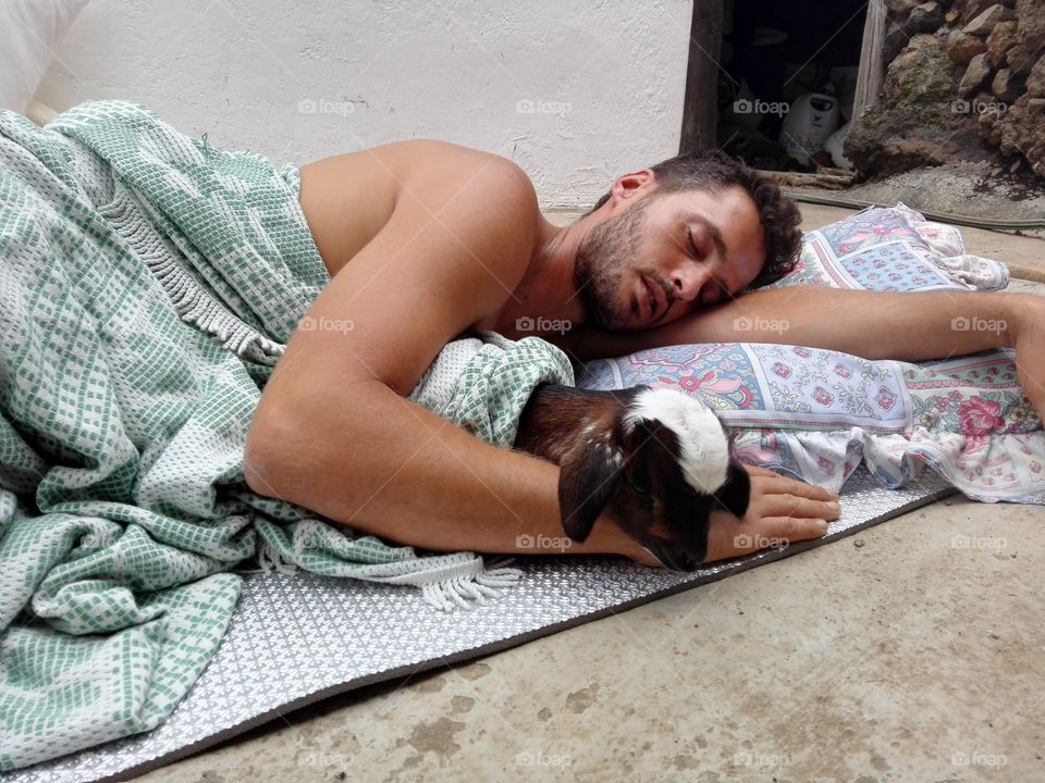 Young man sleeping with goat