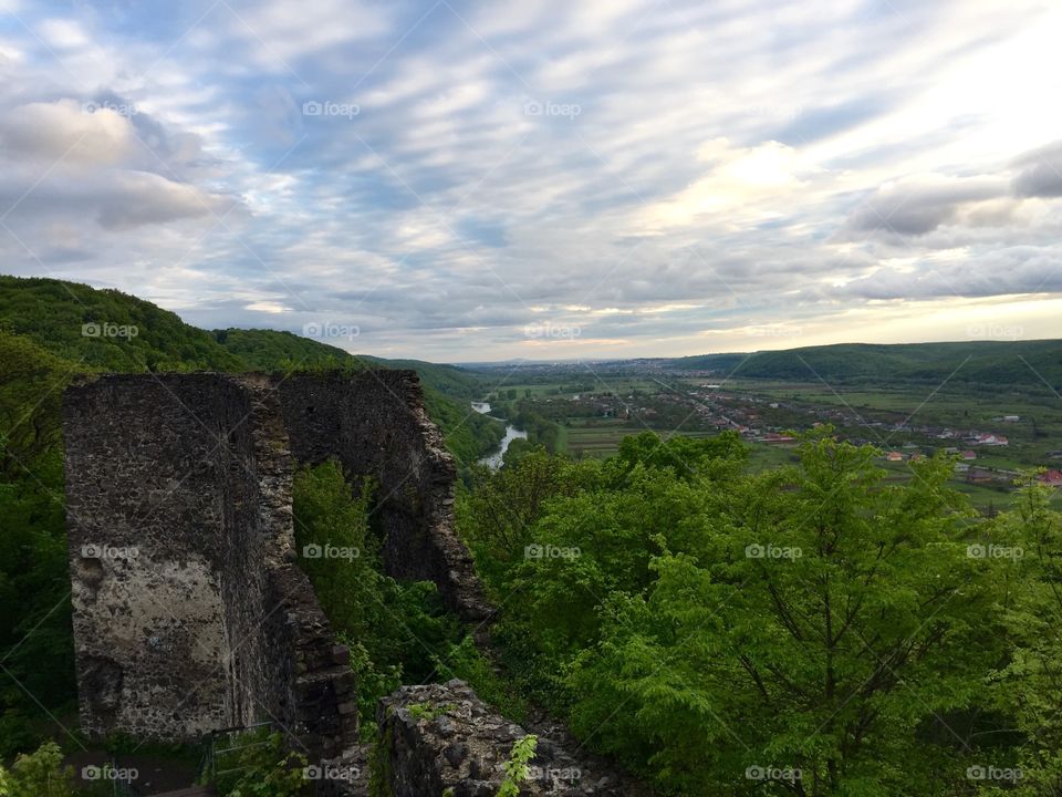 A view on Uzhgorod from the Ruins of Nevytsky castle on sunset