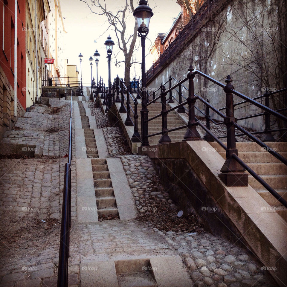 Beautiful streetlights and stairs at Högbergsgatan, Stockholm.