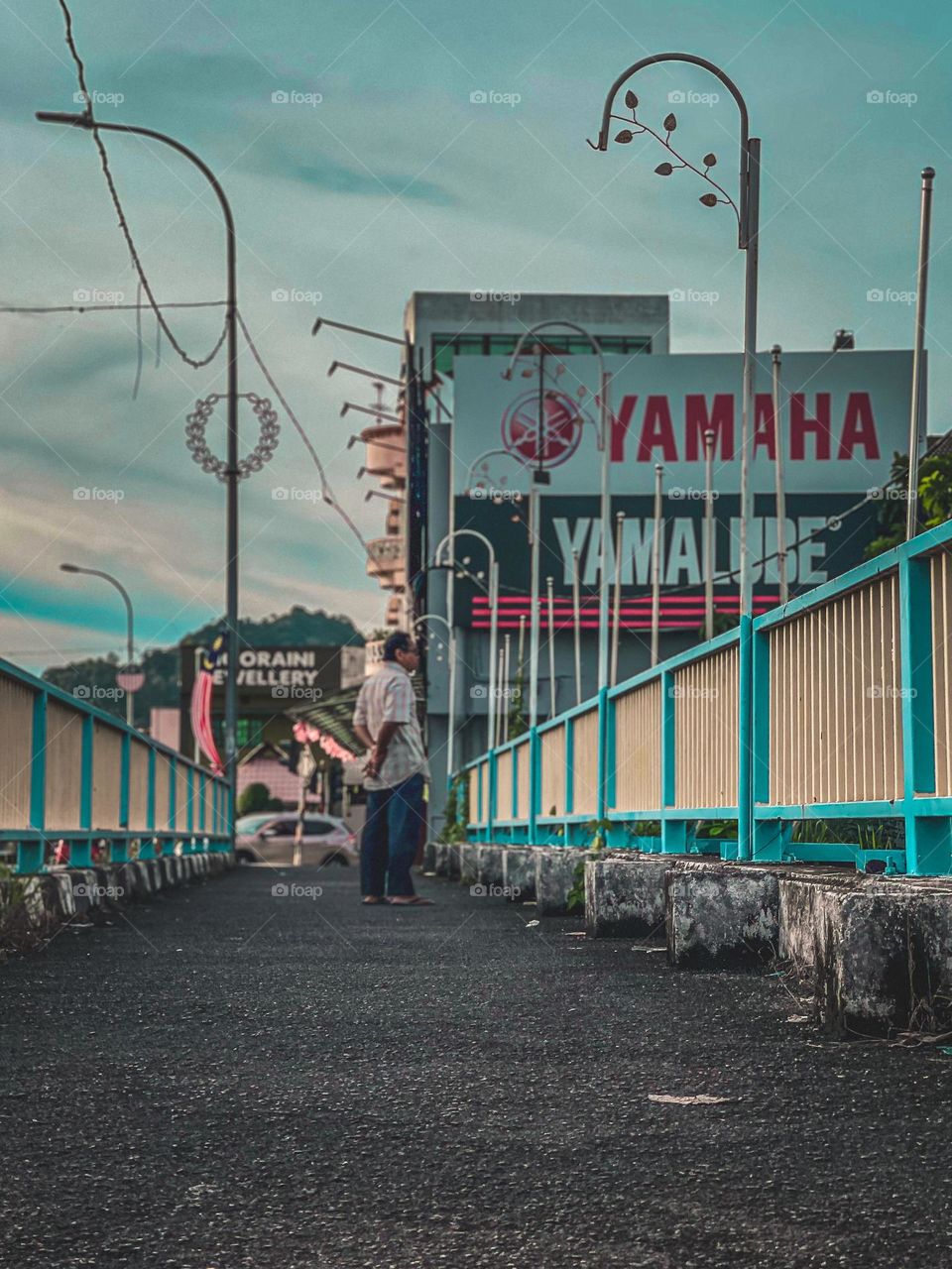 Outdoor bridge and a person is standing looking at the city
