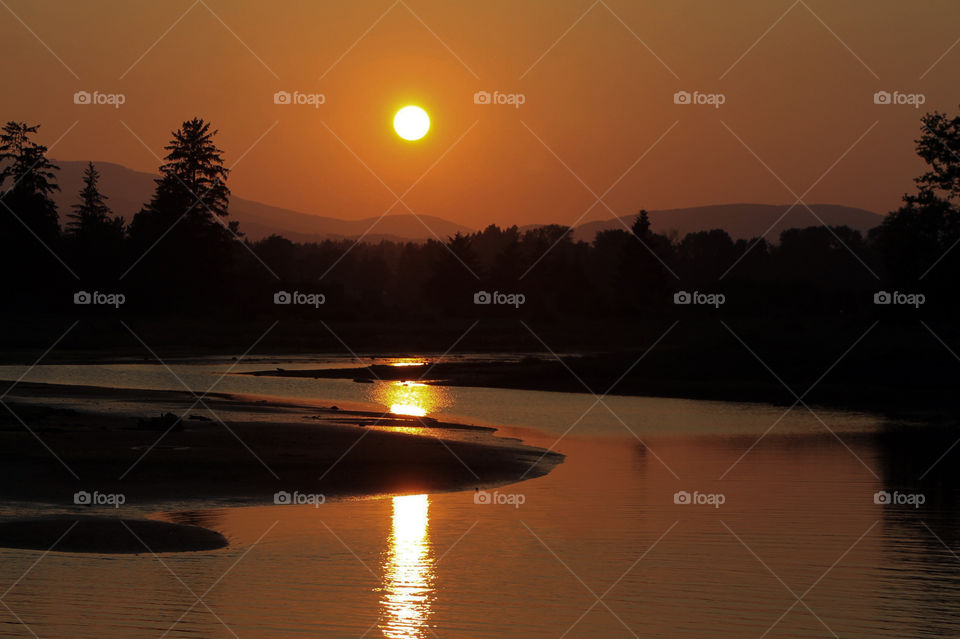 The setting sun is strongly reflected in the falling tidal waters of the estuary & the sky is orange & pink.  The tree line, tidal flats & mountains are dark silhouettes focusing all attention on the glowing yellow sun, sky & water. Beautiful! 