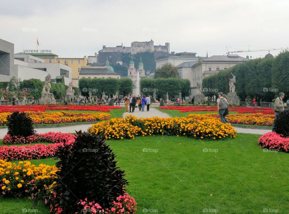 view of Salzburg castlethrough Mirabell gardens