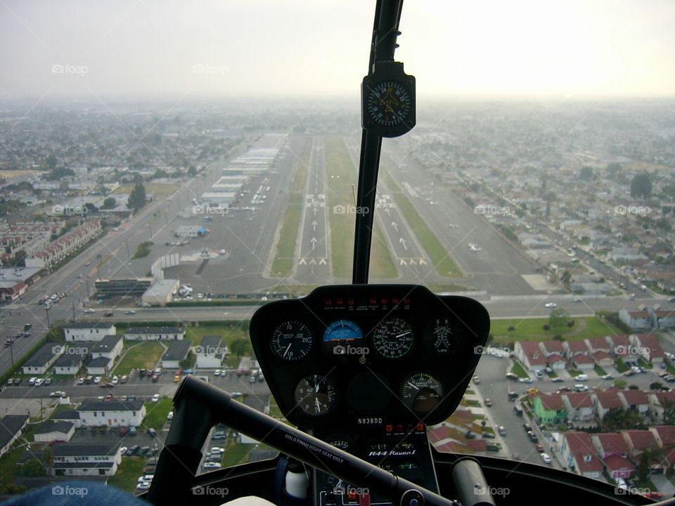 Coming in for a landing, view from cockpit of helicopter in Los Angeles