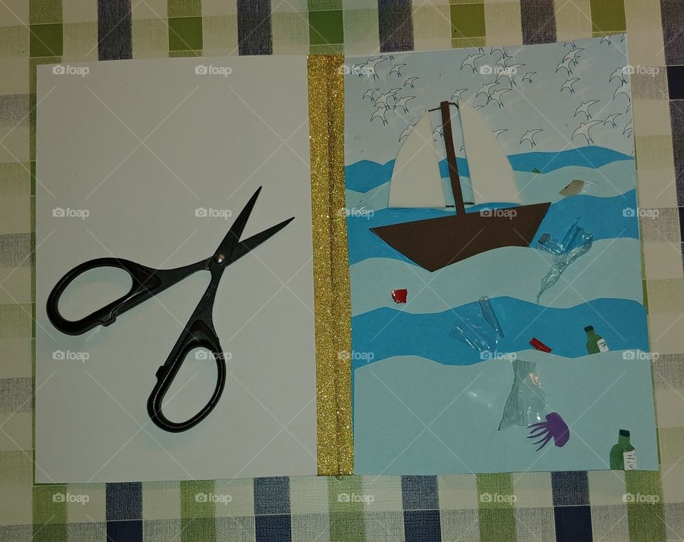 schere meer ozean water müll basteln Flasche. schneiden kleben Karte