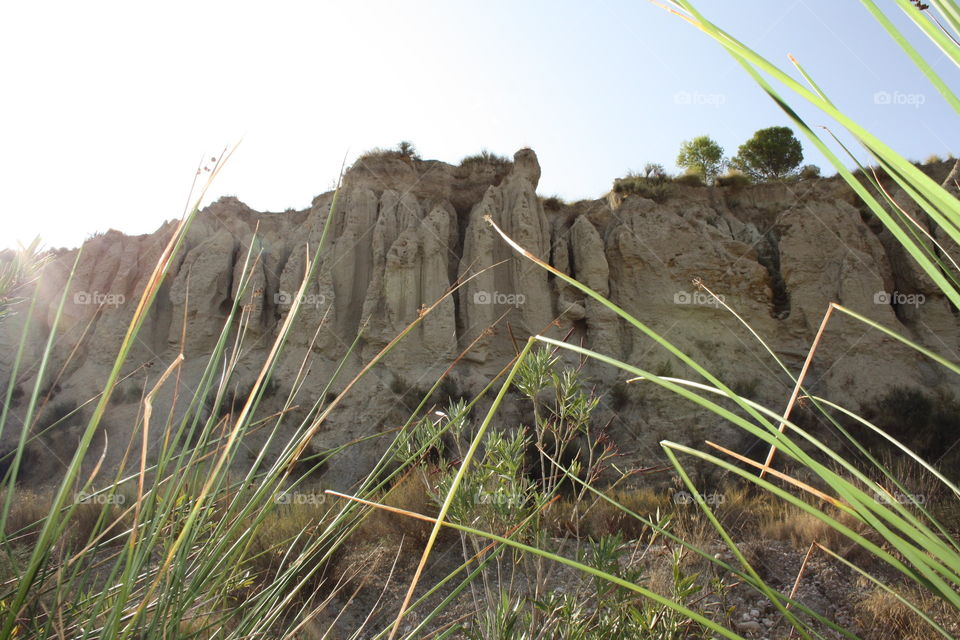 A landscape where mountains, trees, dunes appear. Both the mountain and some dried herbs are brown. I have preferred to take the photo between traces of grass because it creates a better landscape.