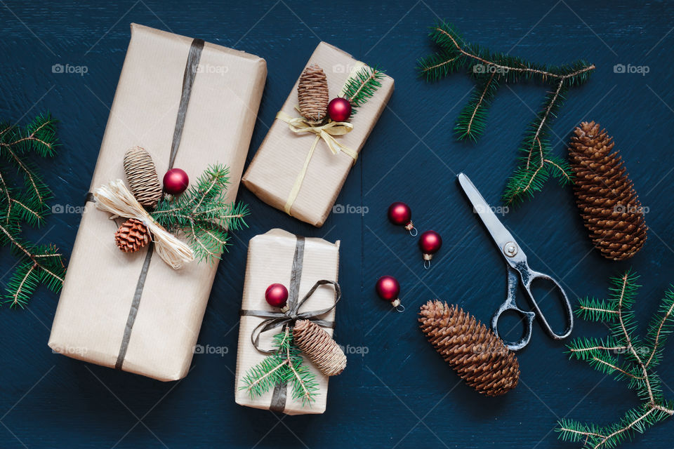 Christmas presents. Wrapped Christmas presents on the table