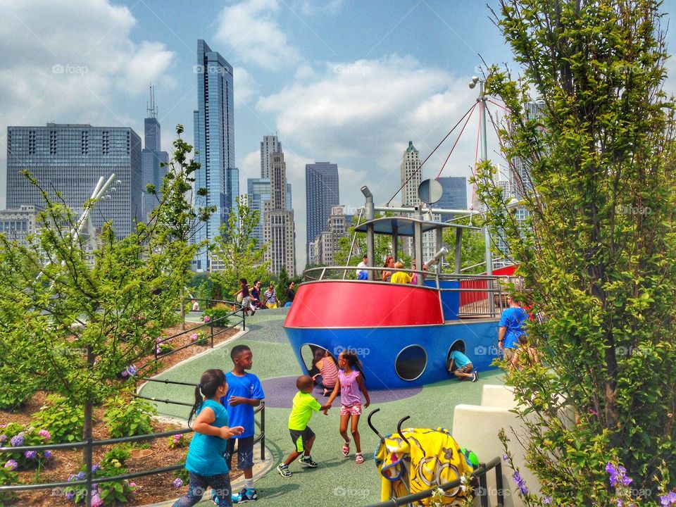 Maggie Daley park. Kids playing in the playground