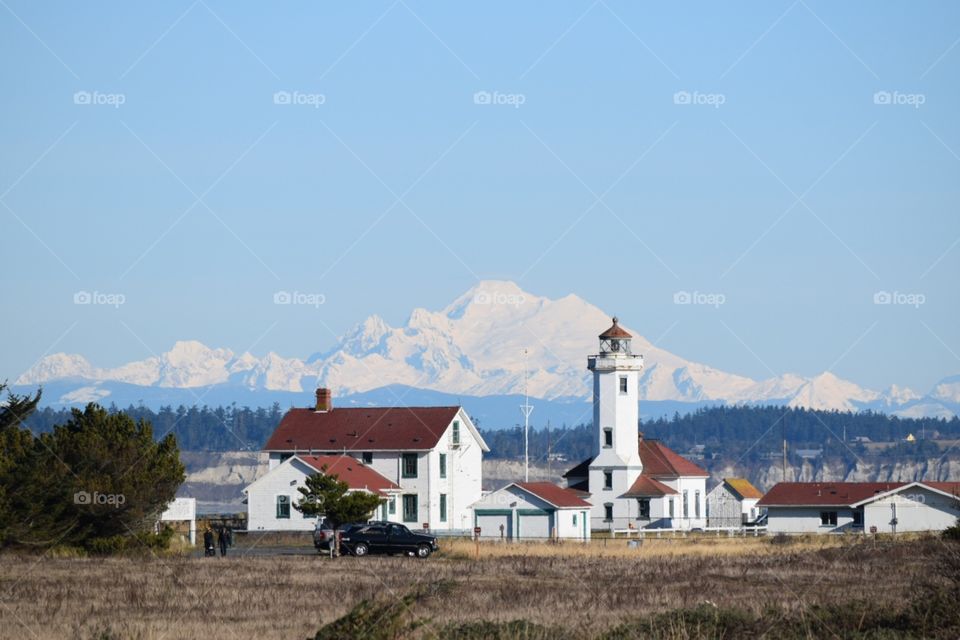 Lighthouse with Mount Baker in the background. Washington,  USA