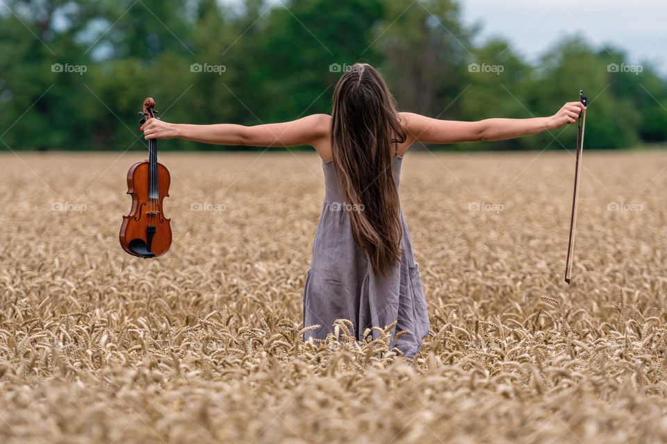 A rear view of a young woman standing in a cereal field, looking up and holding a violin above head.