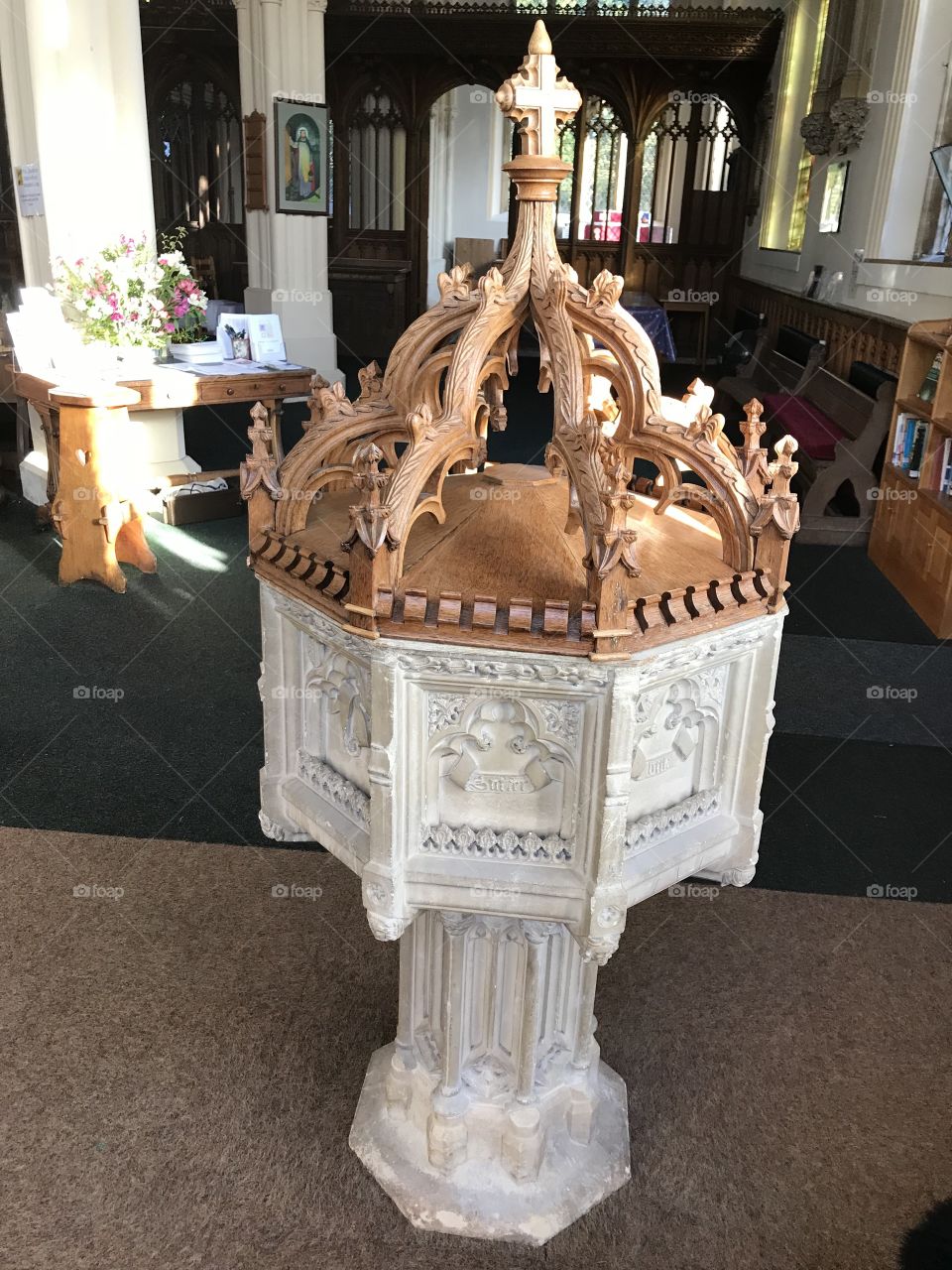 St Marys Church font in Uffculme, Devon, UK