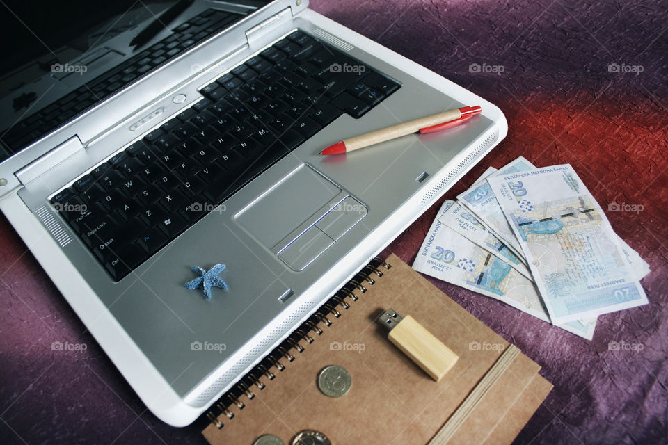 Objects, modern technology, laptop, computer, money, flash memory