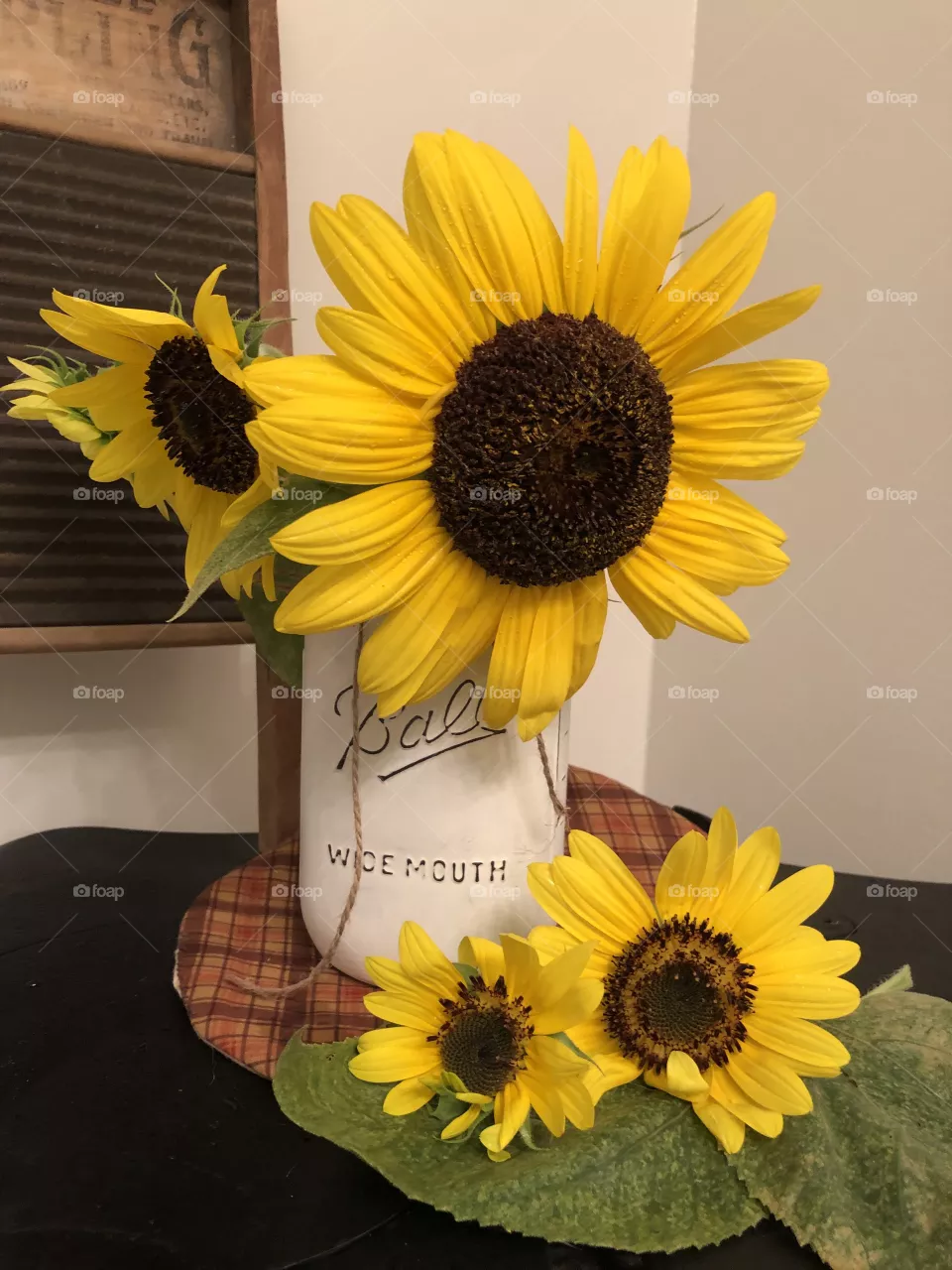 Art of composition fresh sunflowers mason jar vintage washboard 