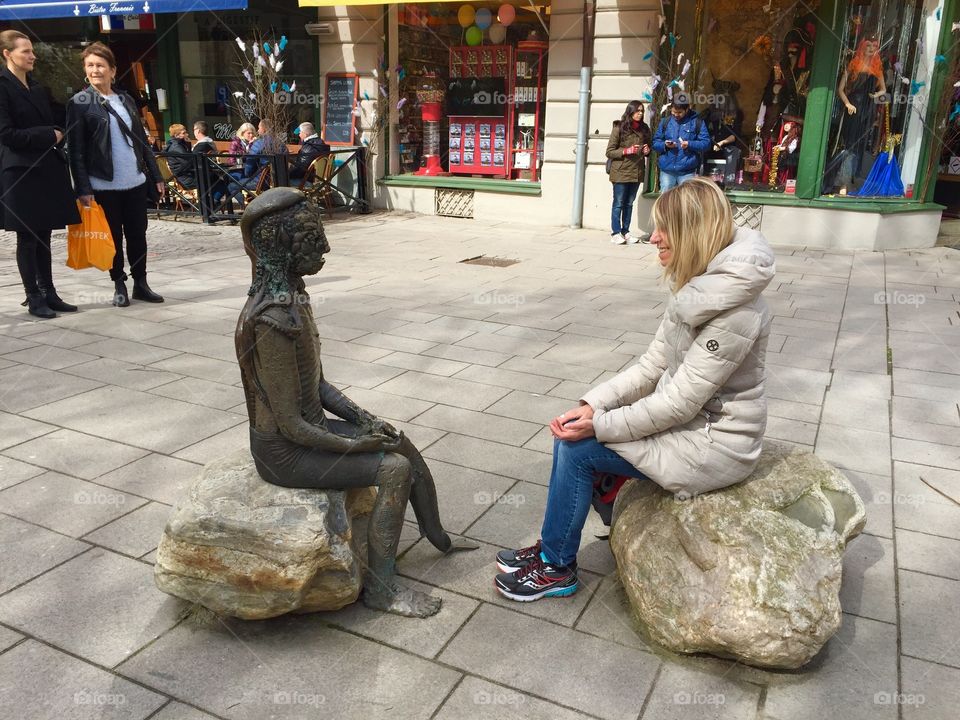 Interaction with a statue in Goteborg
