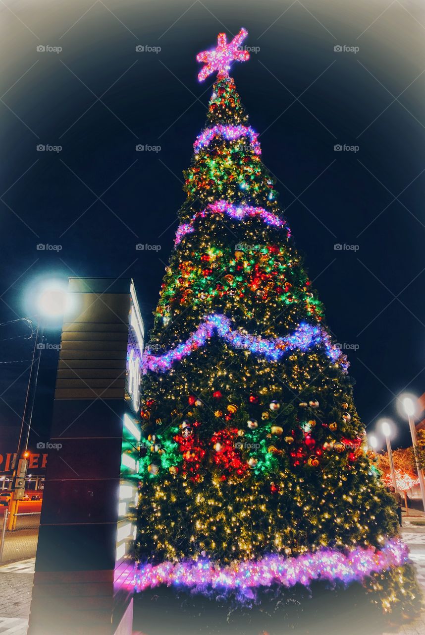 Huge Christmas tree outside the Outlet Collection by Riverwalk,  New Orleans, Louisiana, USA.