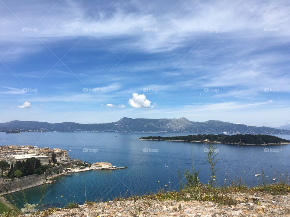 View of Vidos Island and Corfu Town from the Old Fortress, Greece