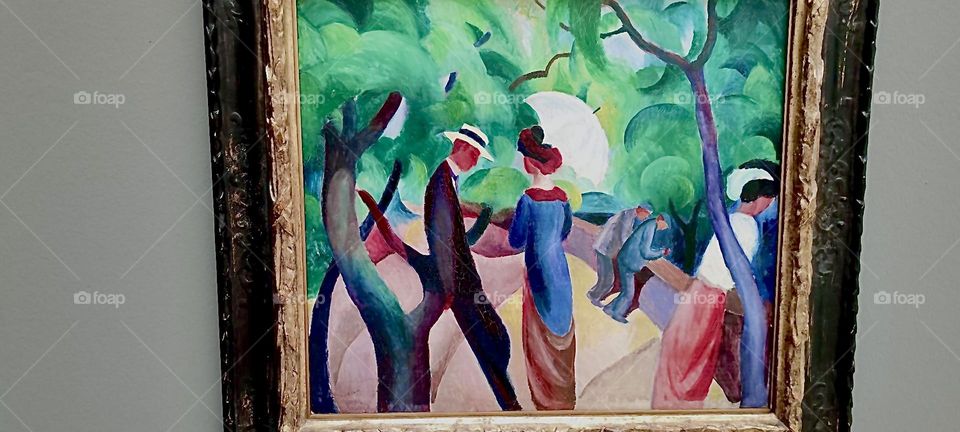 This oil painting is part of the „Der blaue Reiter“, „The blue Rider“ series of works from the turn of the Twentieth Century on exhibit at the „Lenbachhaus“ in the „Luisenstraße“ in „Munich“, „Bavaria“, Germany. 2023. Hypnotic Productions