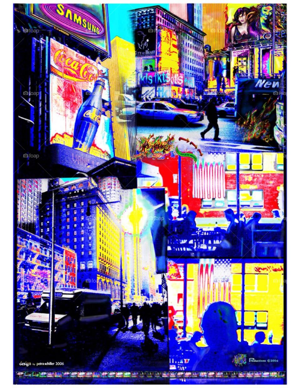 A pop art poster created while attending “Parsons” in 2004 from some of the photos I used to collage the “Visual Journey” banner together in black and white. Here they received a radically different color treatment. Hypnotic Productions