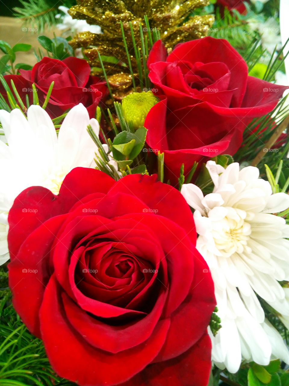 Beautiful Red roses, white flowers and holiday Colors!