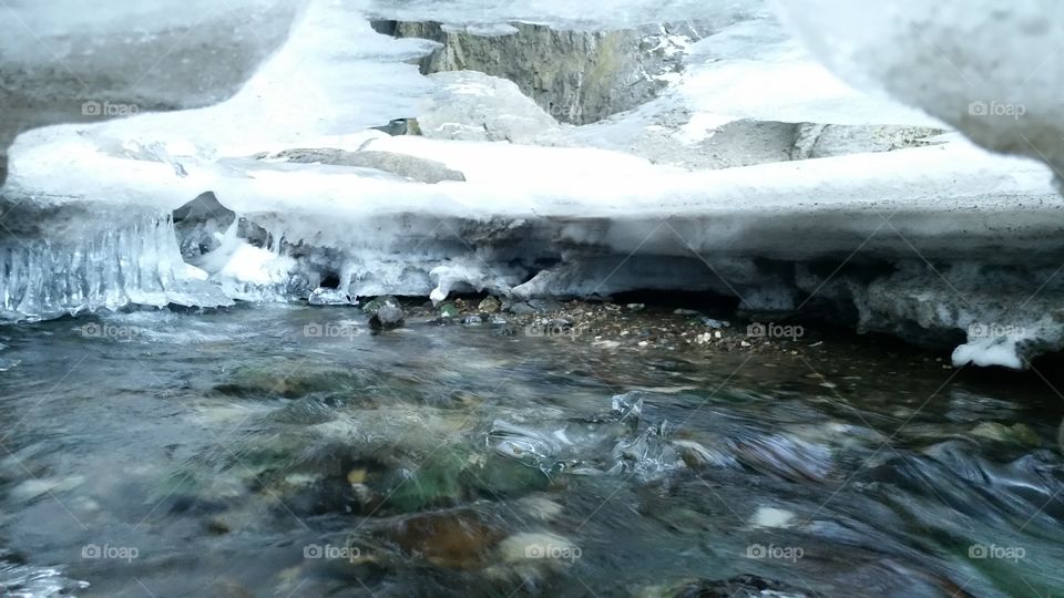 River . ice from above, running underneath 