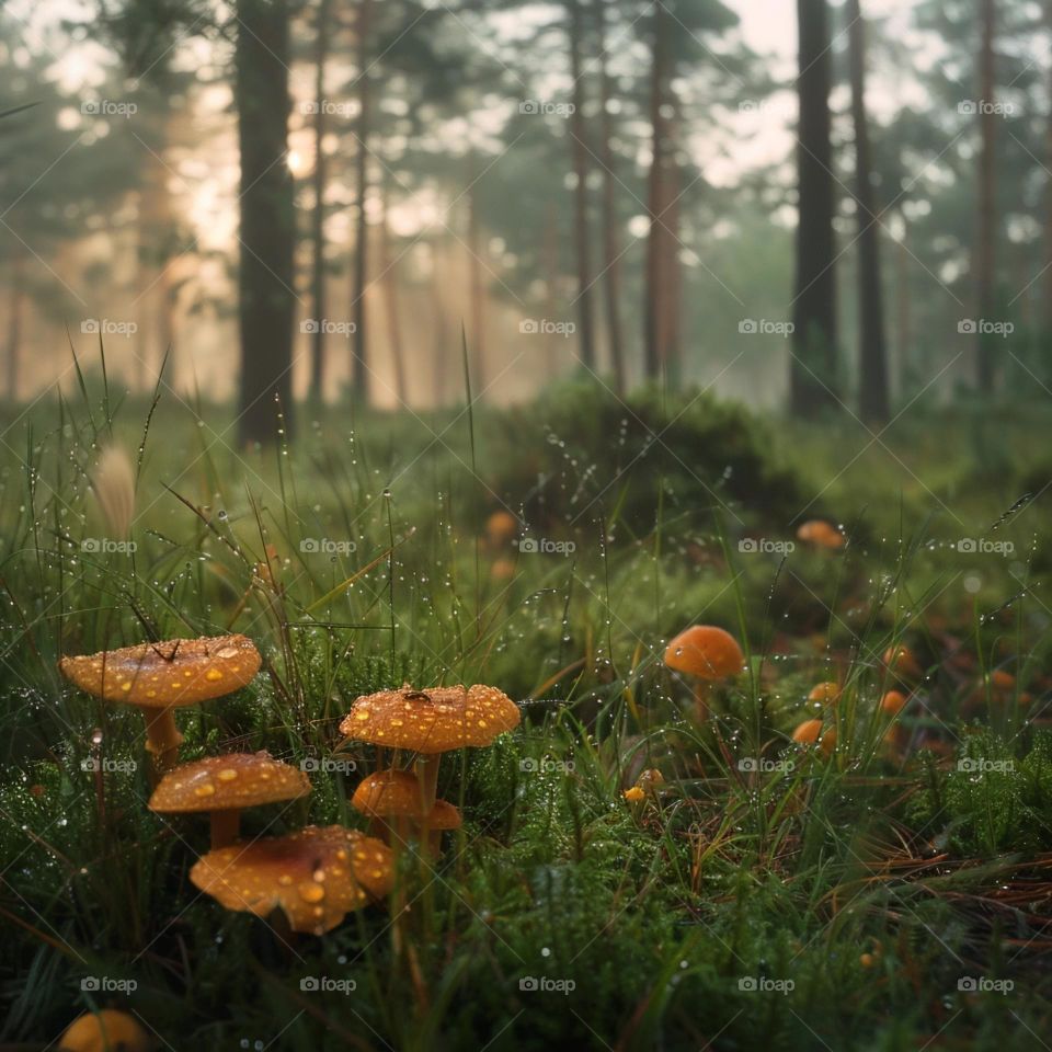 Morning Symphony: Dew and Mist in the Pine Forest