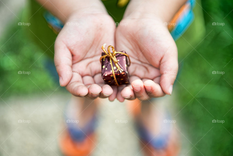 Close-up of person holding small present