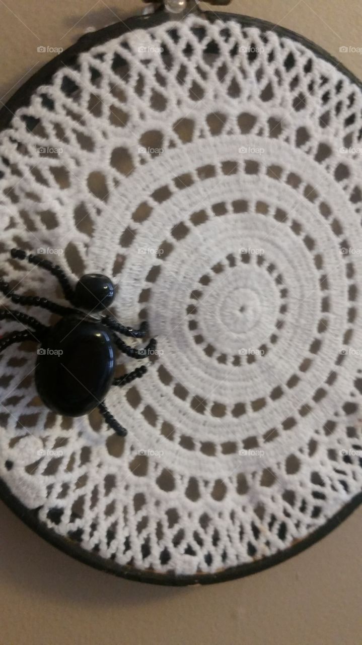 Beaded spider and doily Halloween Decoration made by me.