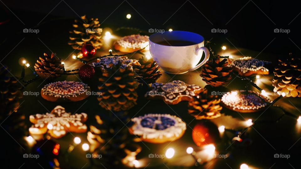 Gingerbread cookies and cup of tea 