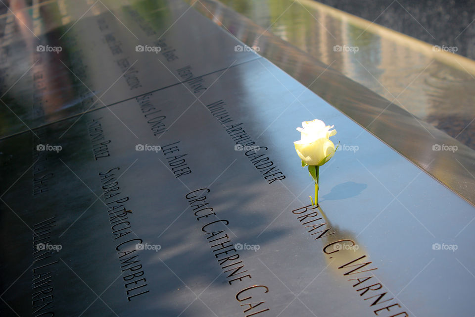A flower stands as a tribute to those fallen at the World Trade Center memorial, New York, NY