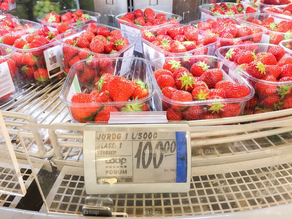 Strawberries in Swedish supermarket, early season, expencive 12 dollar per kilo.