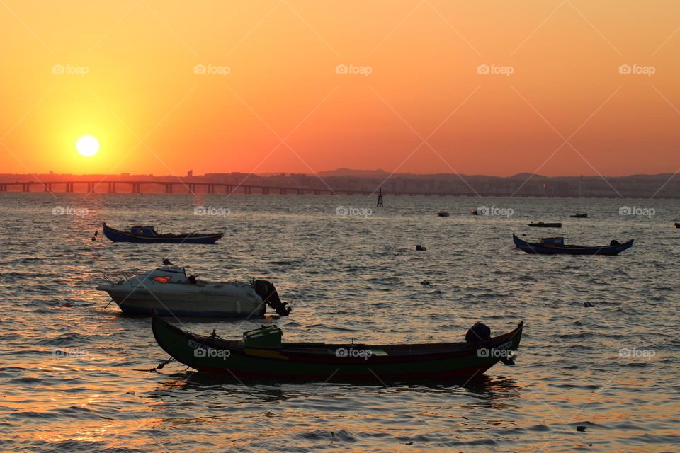 Sunset on the river, Orange sky 