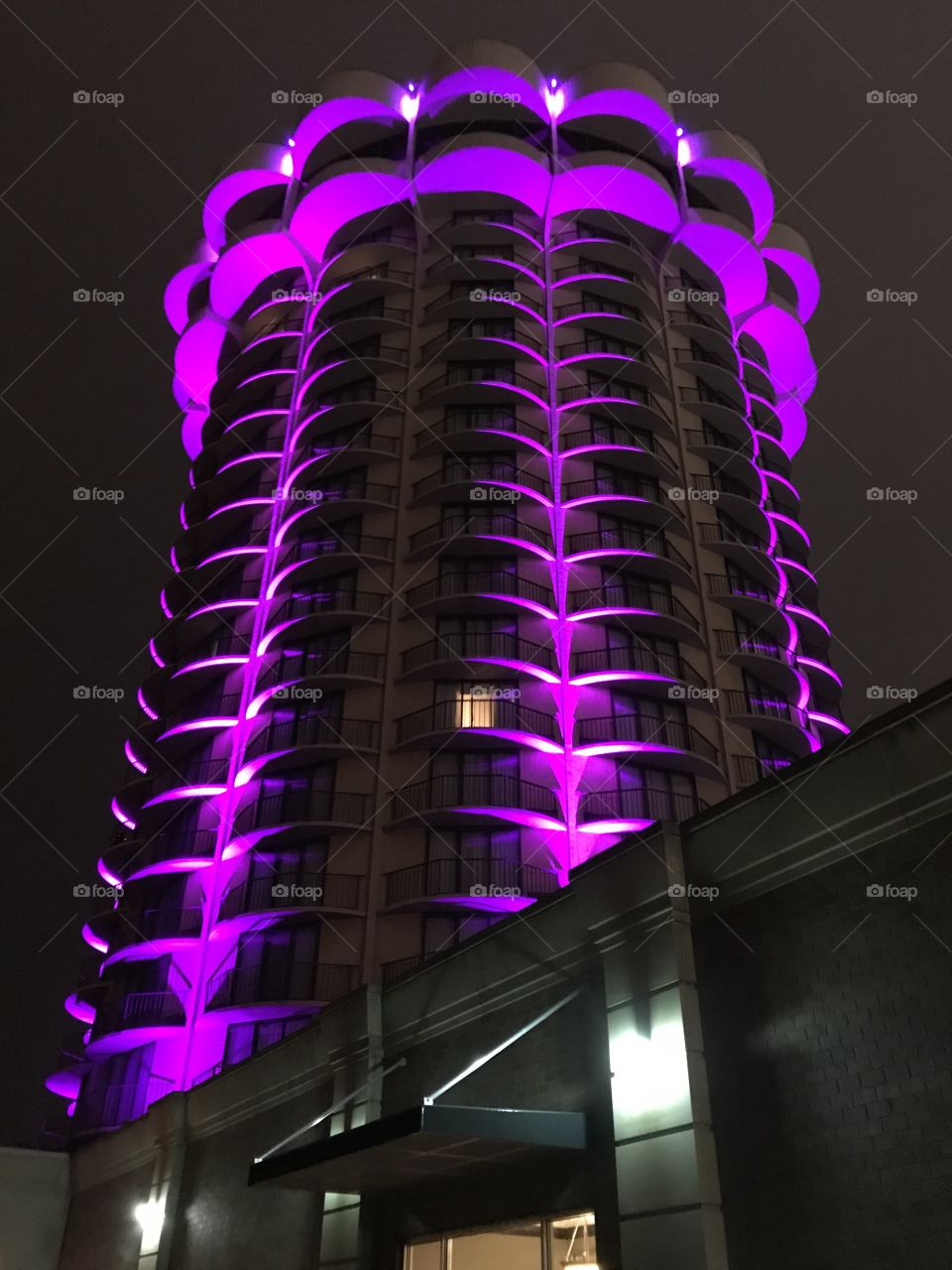 Radisson hotel in Kentucky lit in purple at night 