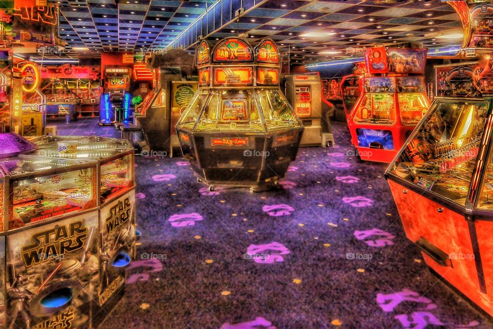 Arcade. amusement,amusements,arcade,gambling,neon,light,lights,interior,seaside,resort,slots,slot,machine,