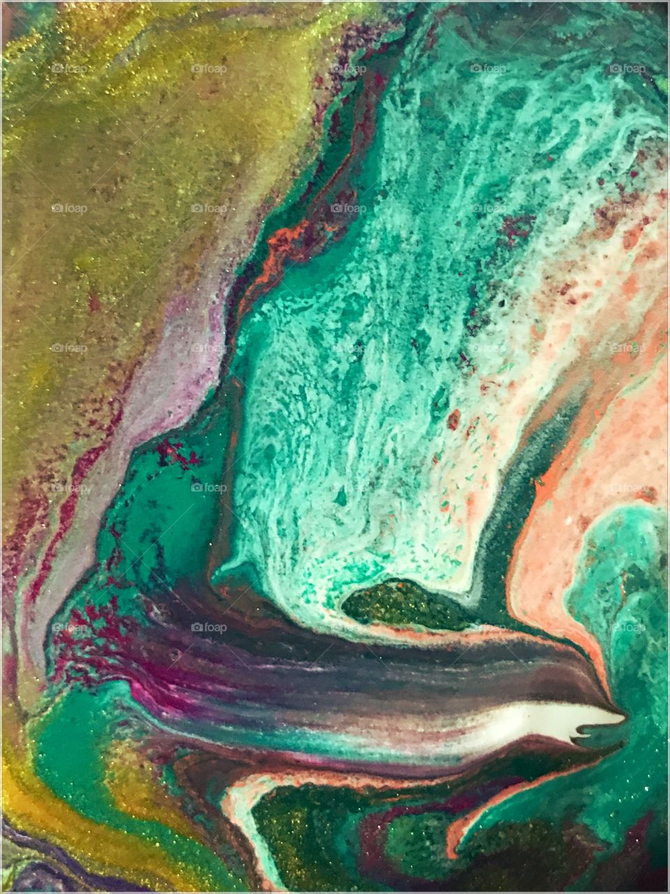 Acrylic pouring, shows rush of colours on the canvas hurrying to spread all over it in a very beautiful colorful messy and unique way forming a dolphin like shape at the bottom right corner, isn't it adorable?! ❤️