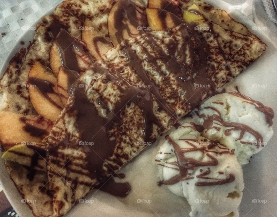 Puncake with fruits and ice cream  at hotel restaurant during traveling in Bulgaria 
