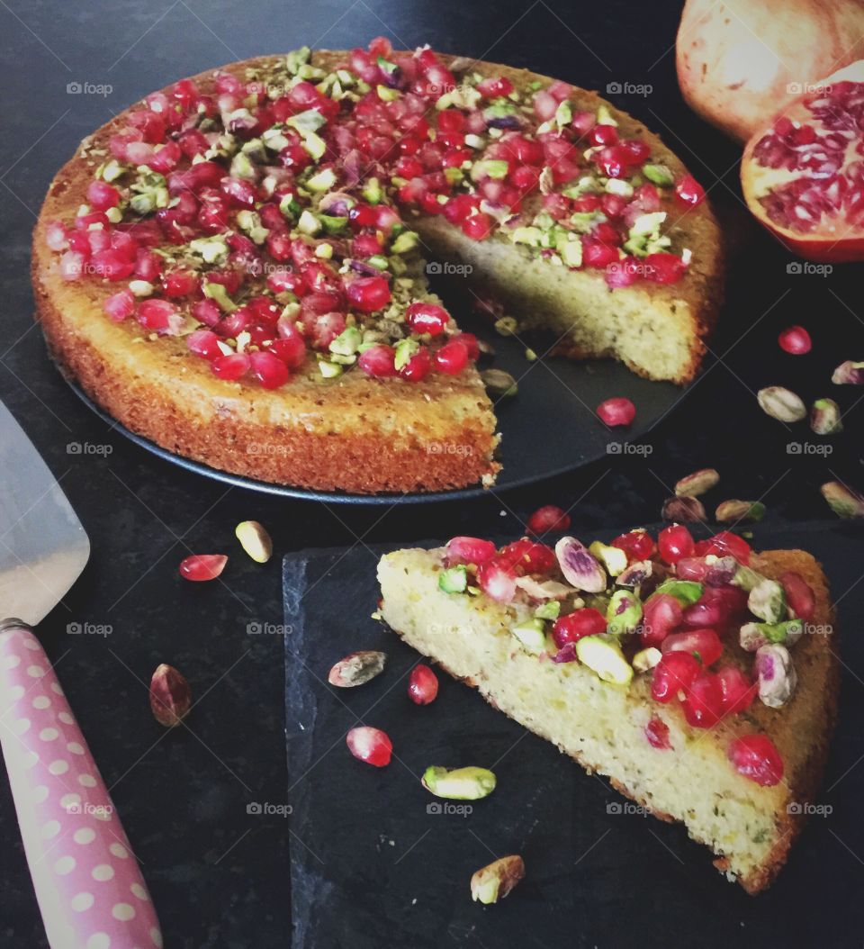 Homemade pistachio and pomegranate cake 