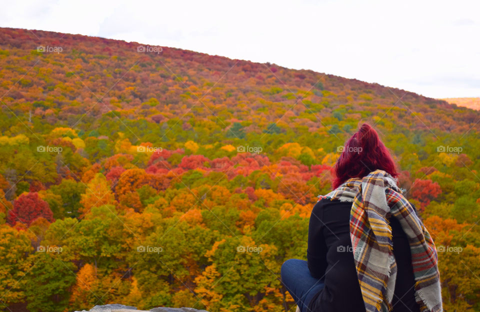 Autumn mood, changing colors mountain forest, woman from behind admiring